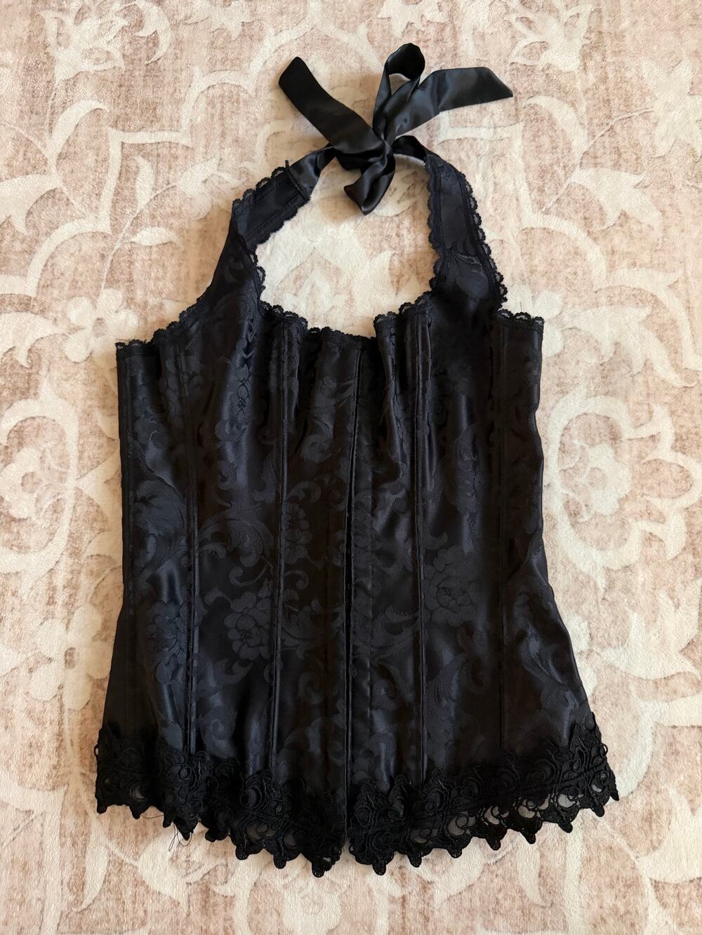 Vintage Black Fredrick's of Hollywood Lace Lined Halter Corset